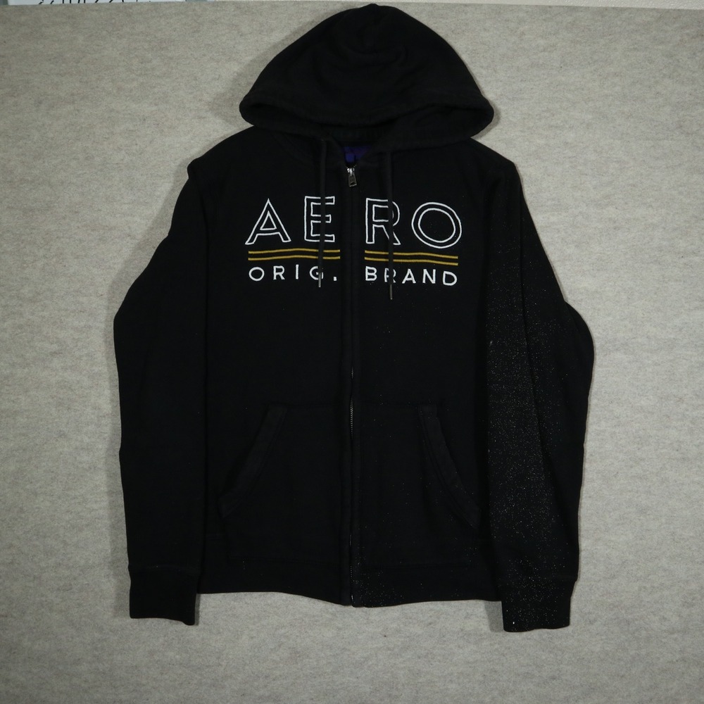 Aeropostale Mens M Black Full Zip Hoodie Aero Orig Brand Graphic Sweatshirt